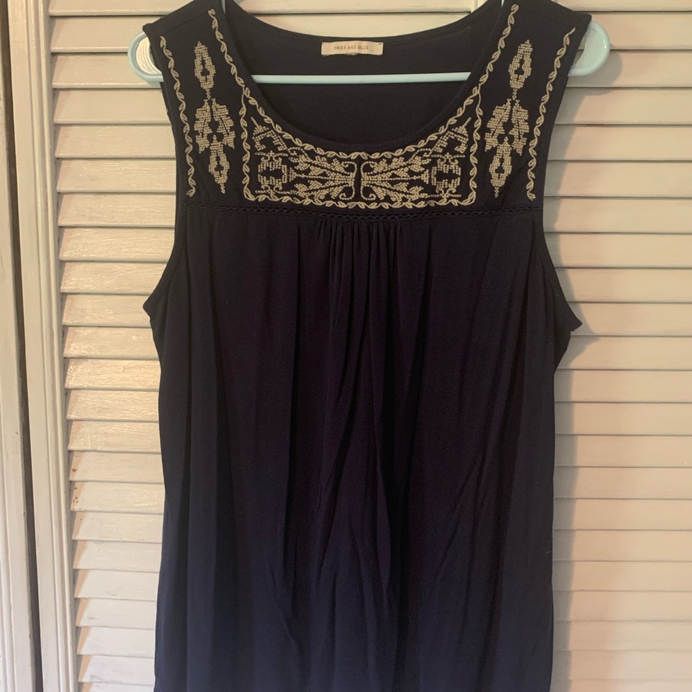 Skies Are Blue Dark Blue Embroidered Blouse